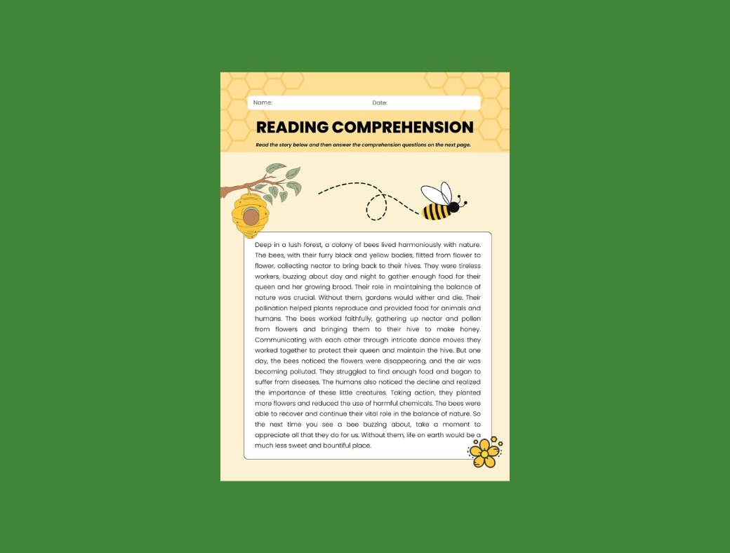 Bee Reading Comprehension Worksheet